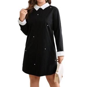Shein Fit+ Privé Elegant Pearl Embellished Black White Collared Dress Sz 2-3X
